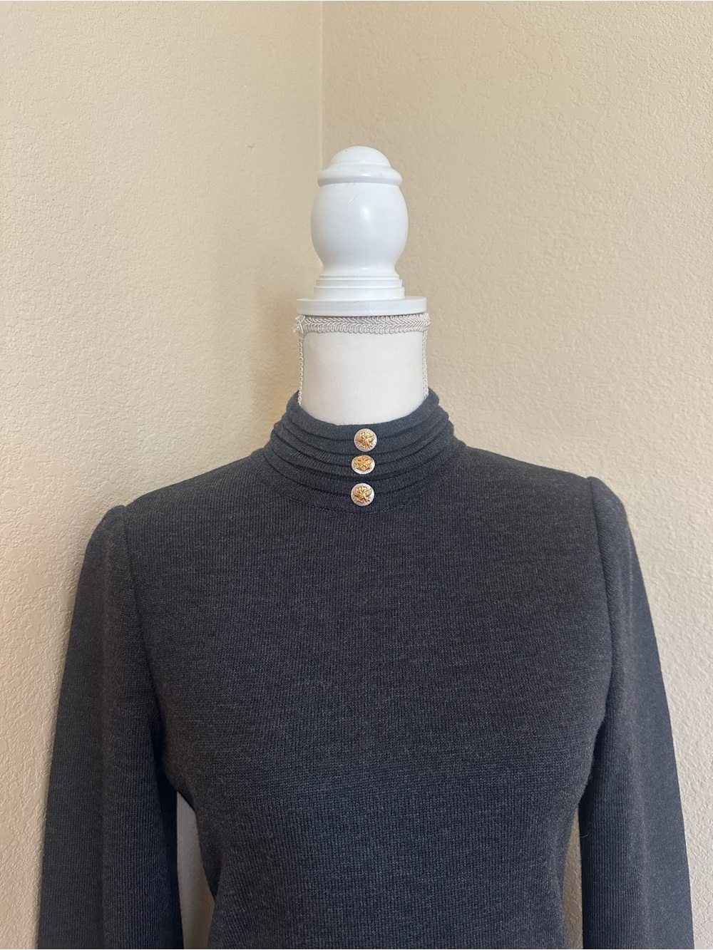 St John Marie Gray Knit Slate Grey Wool Dress Sz 4 Mock Neck Minimalist Luxury - Picture 3 of 10